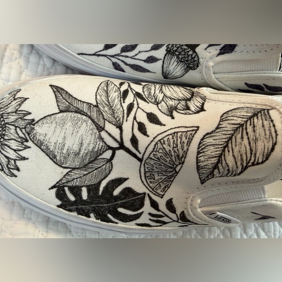 Vans Black/WhiteSlip-On, Custom Hand Drawn Design botanical theme, W Sz 9.5, M 8 - Picture 6 of 13